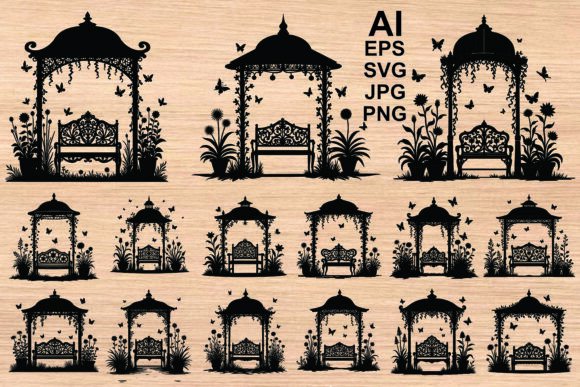 Black Silhouette Garden Gazebo Vector Art
