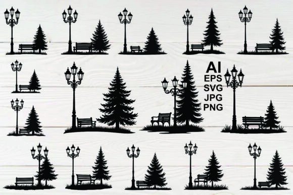 Designing With the Silhouette Park Lampposts Pine Trees Set