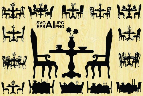 Dining Set Silhouette Black Color Vector