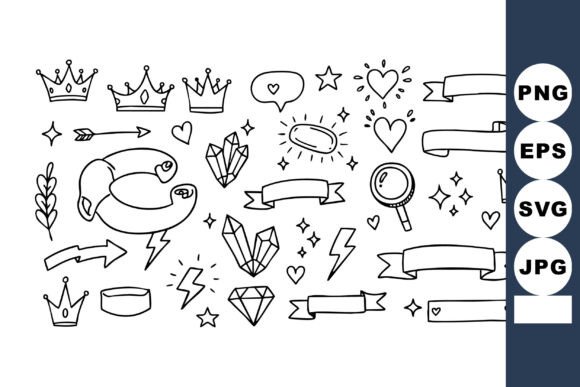 Hand Drawn Crowns Hearts Crystals Set