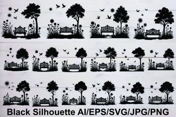 Silhouette Garden Benches Trees and Bird Art